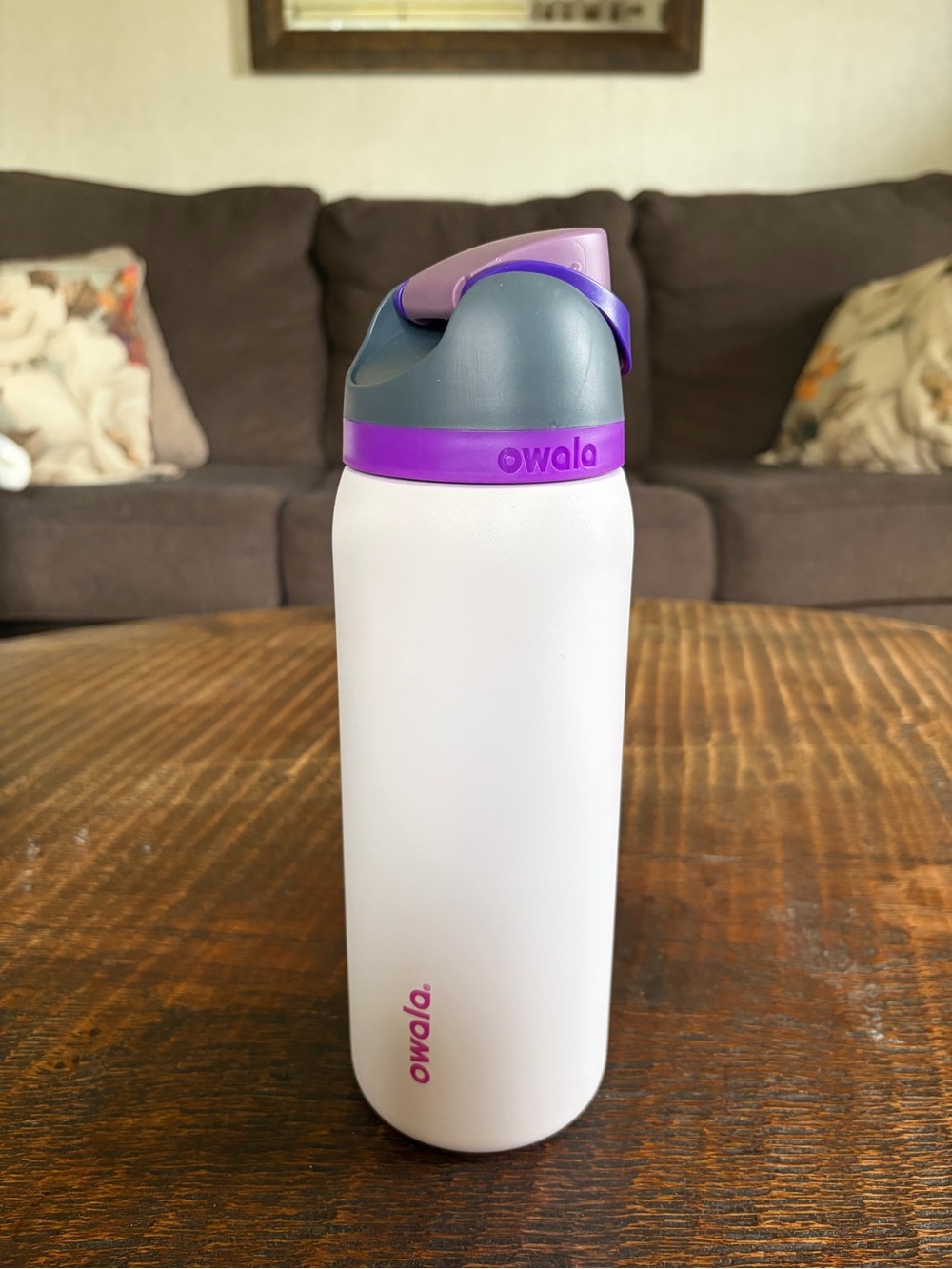 32 oz Owala White Water Bottle with Purple Accents - Leak-Resistant Sport Cap